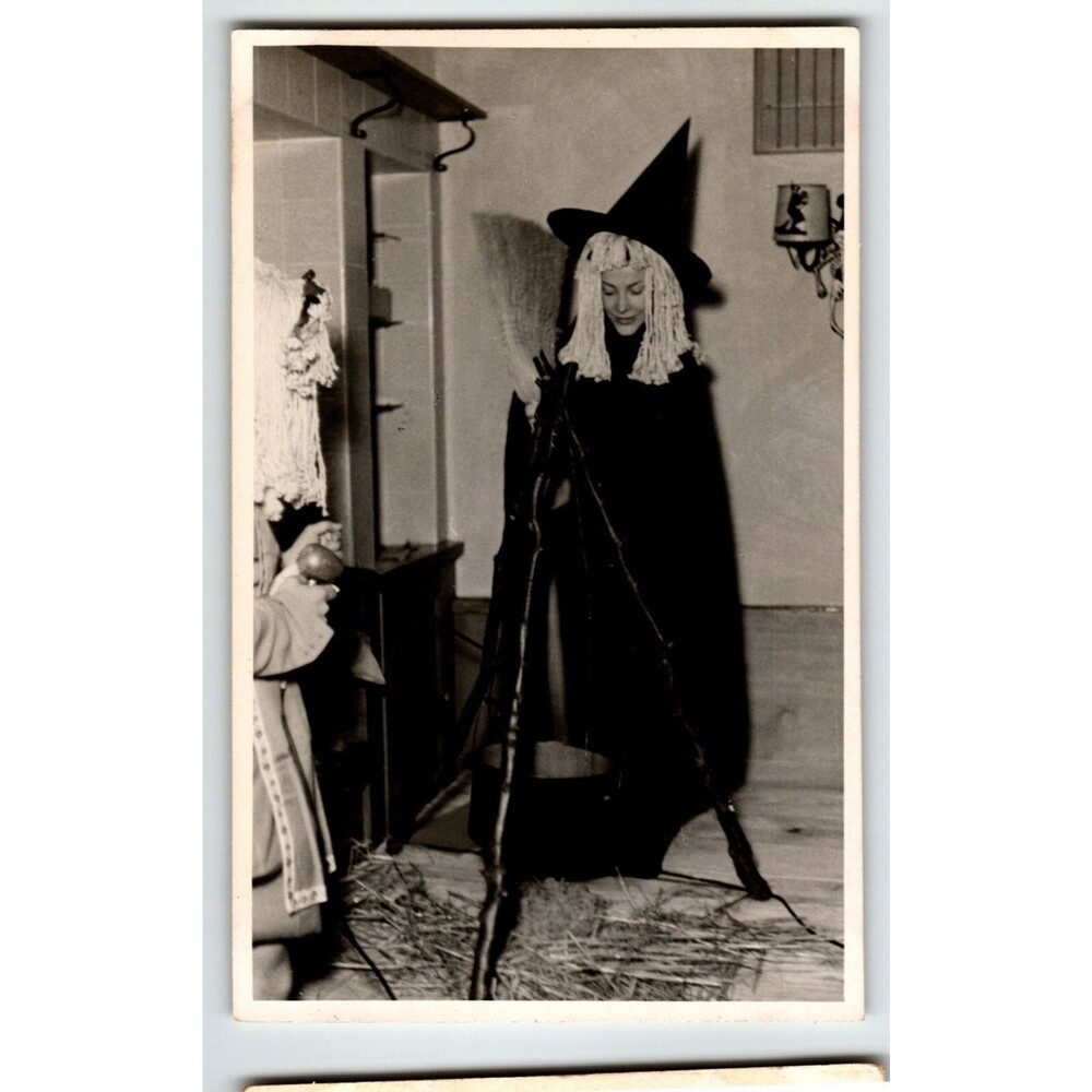 Halloween Postcard Real Photo Witch Girl Broom Cauldron RPPC Vintage Unposted